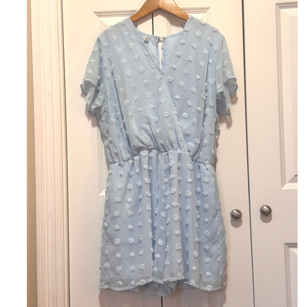 Angashion Light Blue Swiss Dot Wrap Romper Short Sleeve Pockets